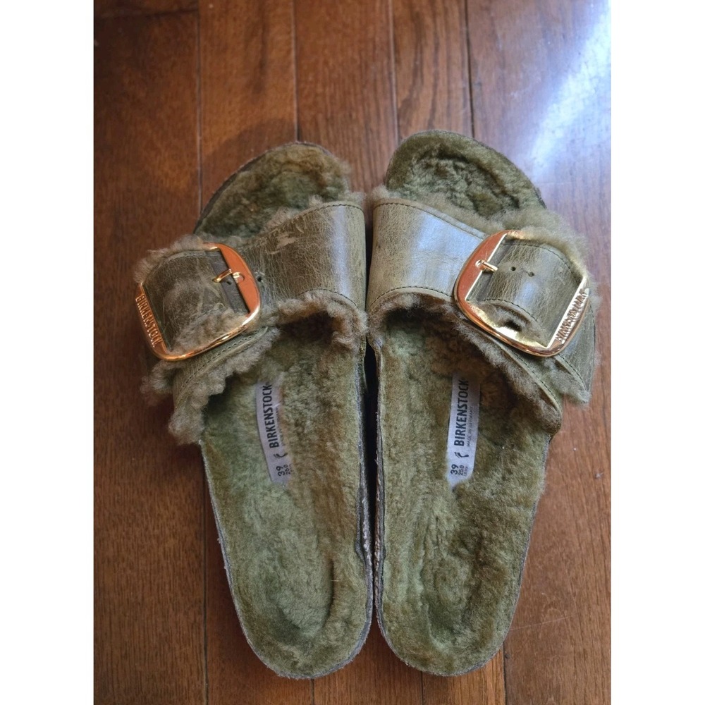 Birkenstock Madrid Big Buckle Genuine Shearling Sandals Olive Green 39